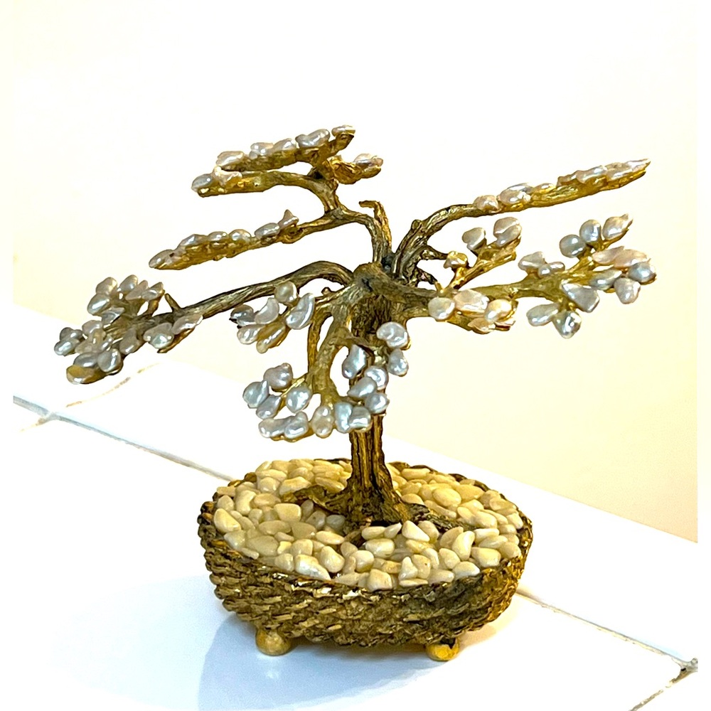 VTG Brass Bonsai Tree of Life Freshwater Pearls Flowers 3-Footed Basket Base 4.5